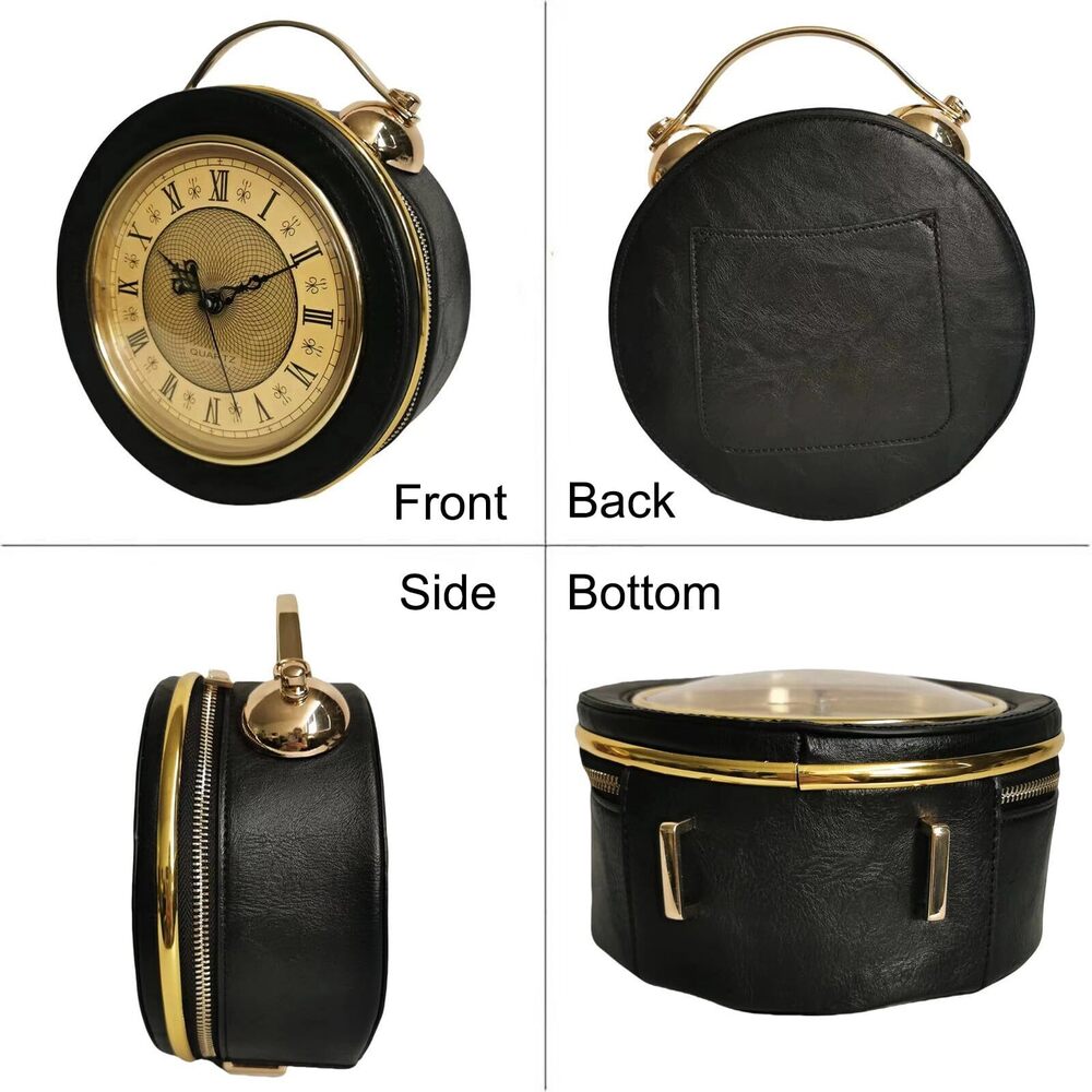 5811 PVC Clock Shaped Handbag Crossbody Shoulder Bag Clock Purse, Black - Picture 3 of 7